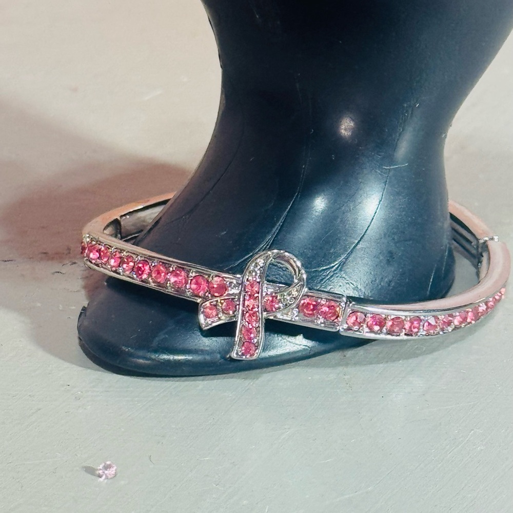 Pink Ribbon Silver Rhinestone Bracelet - Picture 2 of 4